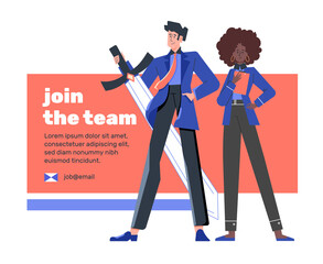 Join the team poster. Colleagues man and woman are invited to work. Hiring of new employees for a project; a corporate company. Vector flat illustration.