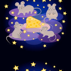 Fototapeta na wymiar Mice on a starry night. Cheese. Pattern
