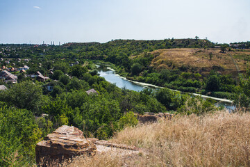 Beautiful views of the industrial area near the river. Industrial tourism. Kryvyi Rih, Ukraine.