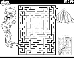 maze with cartoon mummy and pyramid coloring book page