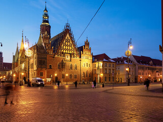 Wroclaw market square night view, old city hall and cobblestone street