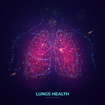 Glowing human lungs vector illustration made of neon particles.