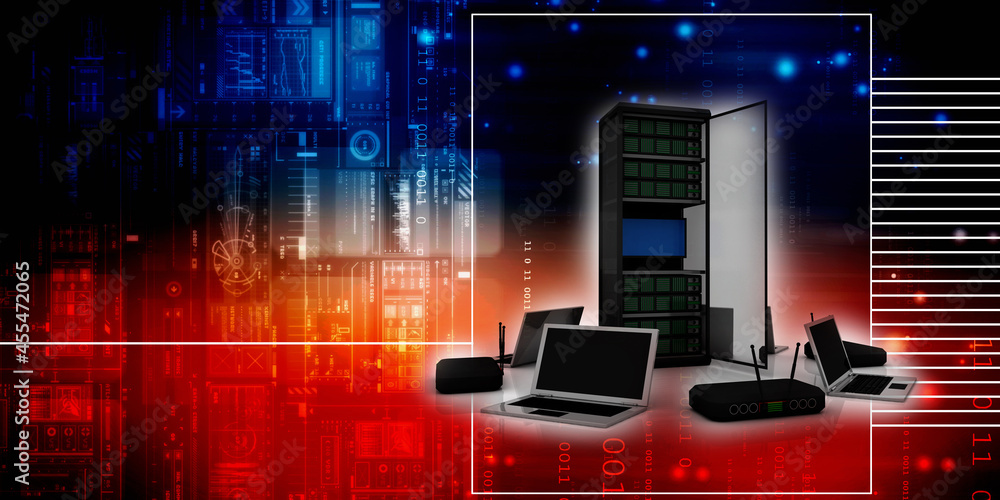 Poster 3d illustration data center server connected computer modem network