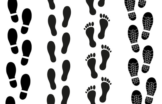 Footprints Shoe set. Collection of silhouette of human feet. Pattern with shoe print. Design element for printing on paper and on fabric. Cartoon flat vector illustrations isolated on white background