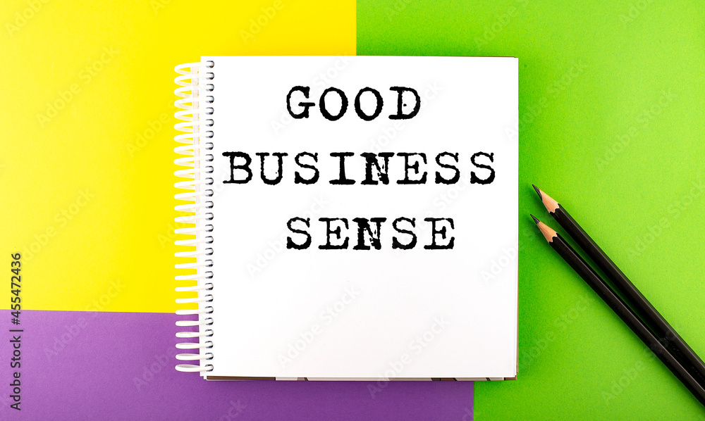 Aufkleber minimal work space : sketchbook on the colorful background with good business sense text