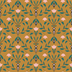 pattern with small pink flowers and green leave - 455472637