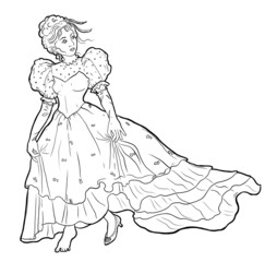 Cinderella. Beautiful princess in ball gown and tiara loosing shoe. Black and white vector illustration