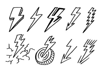 set of hand drawn vector doodle electric lightning bolt symbol sketch illustrations. thunder symbol doodle icon .
