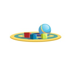 Vector cartoon flat kids cube blocks and ball on colored carpet isolated on empty background-healthy family and happy childhood,childrens toy store assortment concept,web site banner ad design