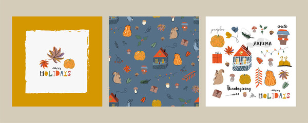 Fototapeta na wymiar Cute autumn collection card templates, seamless patterns