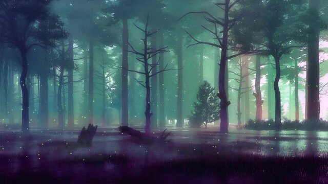 Mysterious woodland landscape with supernatural fairy firefly lights above forest swamp and creepy tree silhouettes at dark misty dusk or night. With no people fantasy 3D animation rendered in 4K