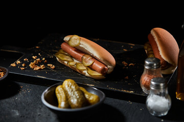 Tasty hot dog with smoked frankfurter and gherkin
