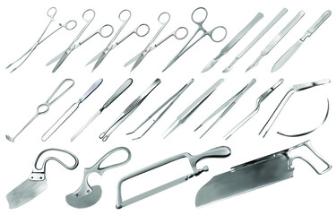 Surgical instruments set. Tweezers, scalpels, Liston s knife, clamp, scissors, Folkman hook, Meyer forceps, needle, Langenbek saw, brain knife, Charriere bone saw, Bergman Engel Plaster saws. Vector