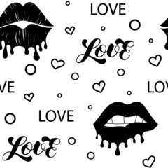 Biting lips seamless pattern. Melting lipstick. Love brush lettering. Isolated stock vector illustration. Trendy textile