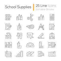 School supplies linear icons set. Must-have items for back to school. Instruments for office, art class. Customizable thin line contour symbols. Isolated vector outline illustrations. Editable stroke