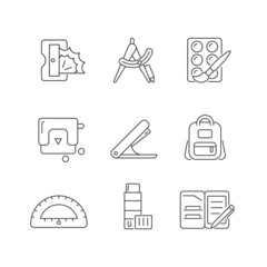 Back to school shopping linear icons set. Pencil sharpener. Drafting supplies. Art tools. Hole-punch. Customizable thin line contour symbols. Isolated vector outline illustrations. Editable stroke