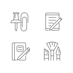 School stationery linear icons set. Pins and paper clips. Tablet computer. Graph composition book. Customizable thin line contour symbols. Isolated vector outline illustrations. Editable stroke