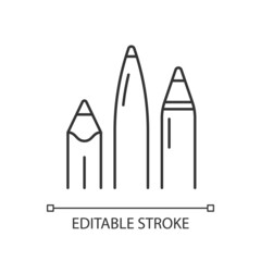 Pens and pencils linear icon. School supplies. Writing instrument. Use for drawing and sketching. Thin line customizable illustration. Contour symbol. Vector isolated outline drawing. Editable stroke