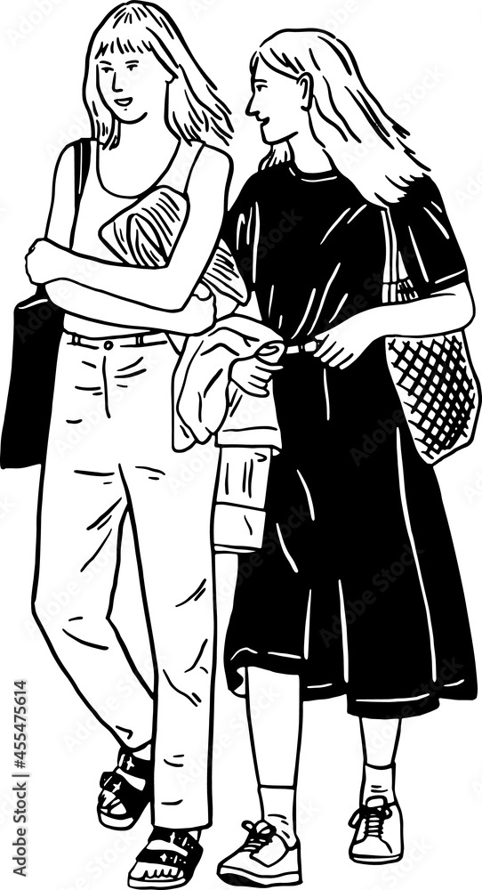 Wall mural two young women friends shopping together hand drawn line art illustration