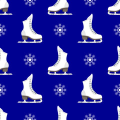 Ice figure skate shoes and snowflakes flat design on blue background seamless pattern. Vector illustration.
