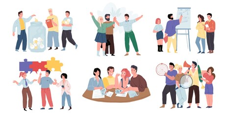 Set of vector cartoon happy characters in graphic metaphors for good teamwork and friendly environment.Group discussion,search for ideas and problem solutions-team work concept,web site banner design