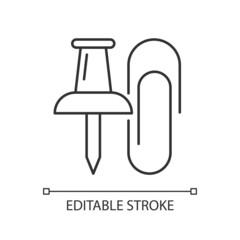 Pins and paper clips linear icon. Office supplies. Binding paper sheets together. Hanging notes. Thin line customizable illustration. Contour symbol. Vector isolated outline drawing. Editable stroke