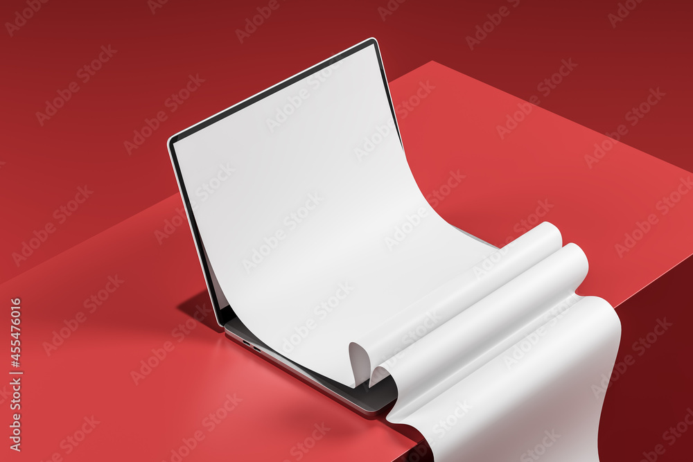 Fototapete laptop with blank long scrolling screen on a red background. mock up. 3d rendering