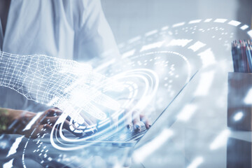 Double exposure of woman hands working on computer and data theme hologram drawing. Tech concept.