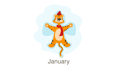 Cute cartoon tiger making a snow angel. Chinese symbol. Creative card design, Illustration for congratulations, stickers, pins, Calendar 2022, January