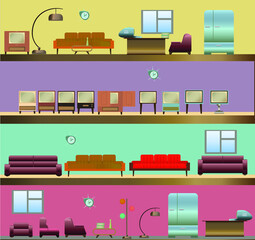 Set of 1950 atompunk era furniture and domestic electric appliances, retro colors for living room. Different vintage different TVs, dieselpunk fidge and computer. Atom star clock. Vector illustration.