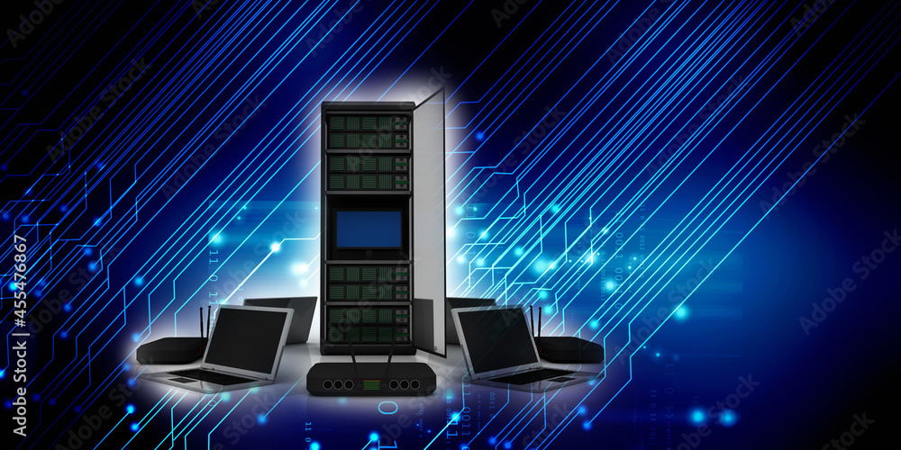 Poster 3d illustration data center server connected computer modem network