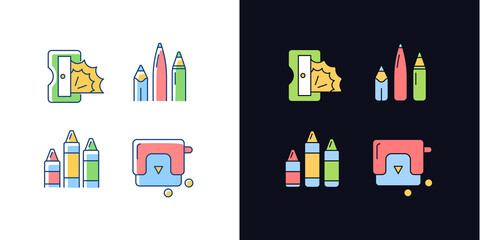 Painter essentials light and dark theme RGB color icons set. Pens and pencils. Prism sharpener. Crayons. Isolated vector illustrations on white and black space. Simple filled line drawings pack