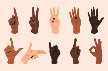 Female hands. Contemporary women’s hands showing various gestures, diverse skin colors and tones. Vector gestures showing numbers set