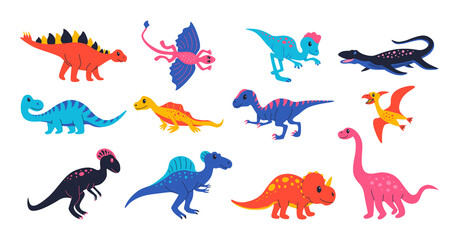 Cute dinosaurs. Doodle colourful prehistoric reptiles for kid’s illustration, ancient Jurassic predators and herbivores. Vector funny dinosaurs set © Natalia