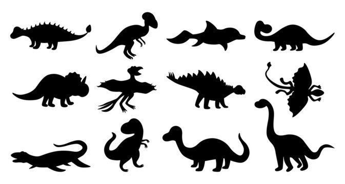 Dinosaurs silhouettes. Black doodle shapes of prehistoric Jurassic reptiles, cute ancient predators and herbivores vector isolated set