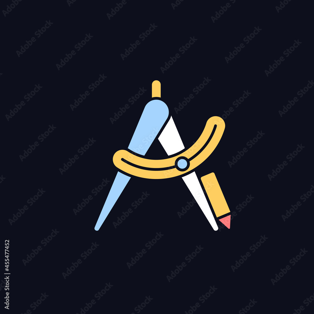 Poster Compass tool RGB color icon for dark theme. Drafting instrument. Inscribing circles. Item for architects. Isolated vector illustration on night mode background. Simple filled line drawing on black