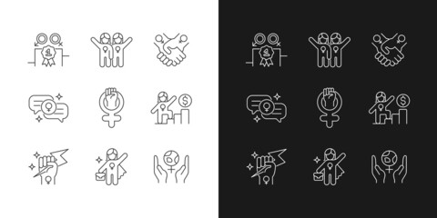 Feminist movement linear icons set for dark and light mode. Gender parity. Female friendship. Woman power. Customizable thin line symbols. Isolated vector outline illustrations. Editable stroke