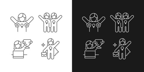 Women rights movement linear icons set for dark and light mode. Radical feminism. Female friendship. Customizable thin line symbols. Isolated vector outline illustrations. Editable stroke