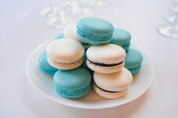 white and pigeon macaroons on a plate. traditional French almond flour cakes