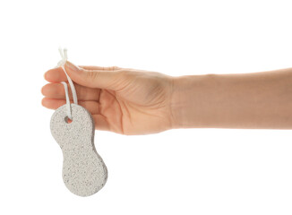 Woman holding pumice stone on white background, closeup