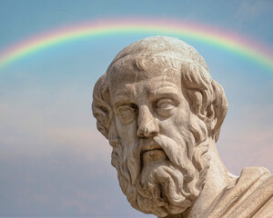 Plato, the ancient Greek philosopher statue and a rainbow in the sky, Athens Greece