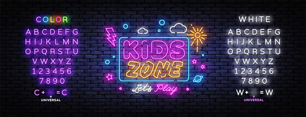 Kids Zone neon banner vector design template. Place for fun and play neon light banner, design element, night bright advertising, bright sign. Vector illustration. Editing text neon sign