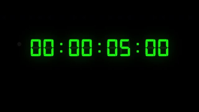 One minute of glowing led 60 fps timecode readout with green digits and red blinking dot on black background.
