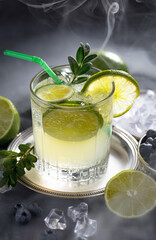 Fruit cocktail, in a glass with natural healthy fruits on a table with kitchen accessories.