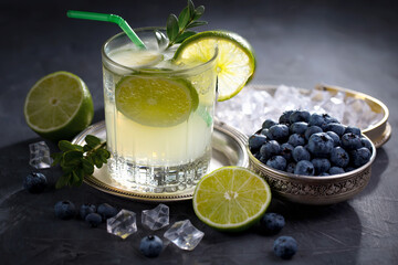 Fruit cocktail, in a glass with natural healthy fruits on a table with kitchen accessories.