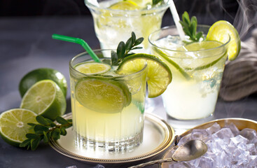 Fruit cocktail, in a glass with natural healthy fruits on a table with kitchen accessories.