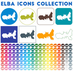 Elba icons collection. Bright colourful trendy map icons. Modern Elba badge with island map. Vector illustration.