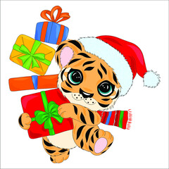 Cute cartoon tiger on a white background. Symbol of 2022 on the Chinese calendar. Cute little tiger in christmas costume