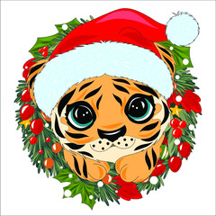 Cute cartoon tiger on a white background. Symbol of 2022 on the Chinese calendar. Cute little tiger in christmas costume