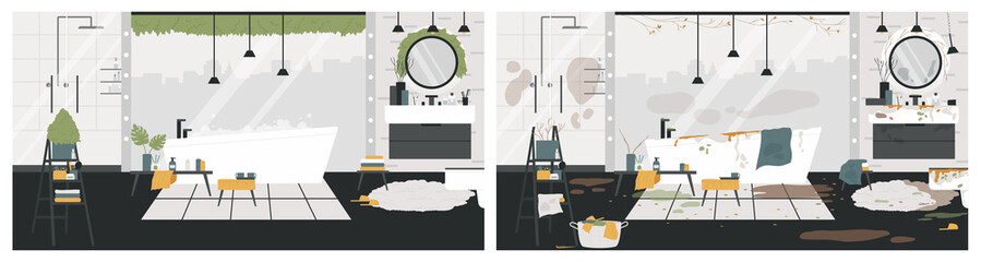 Clean and dirty bathroom interior in home apartment vector illustration. Cartoon mess, dirt on walls, bathtub and mirror, water on floor before and bath room after sanitary cleaning background
